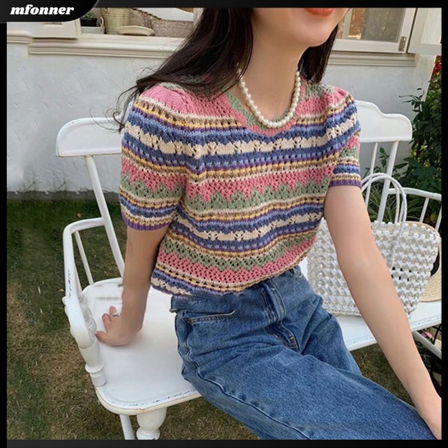 Áo Dệt Kim Ngắn Tay Cổ Tròn Họa Tiết Kẻ Sọc Màu Sắc Tương Phản Thời Trang Mùa Hè Cho Nữ