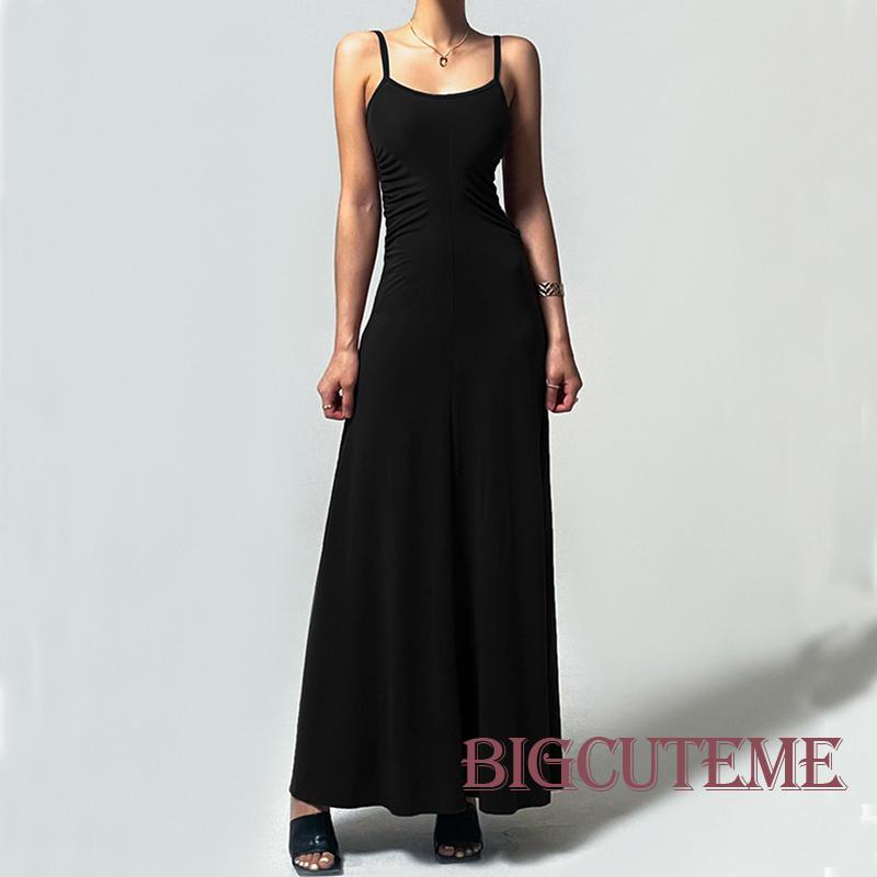 [] - Đầm Dài Hai Dây Dáng Chữ A Hở Lưng Màu Trơn Mềm Mại Mùa Hè Dành Cho Nữ Đi Tiệc Hàng Ngày / Nâu / Đen