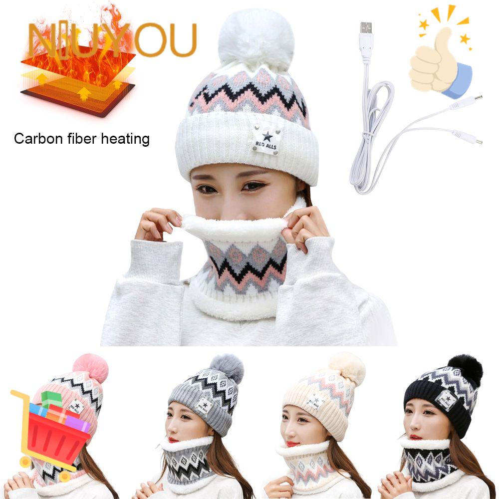 Mũ Beanie Dệt Kim Phối Khăn Choàng Cổ Đính Bóng Lông Thời Trang Ấm Áp