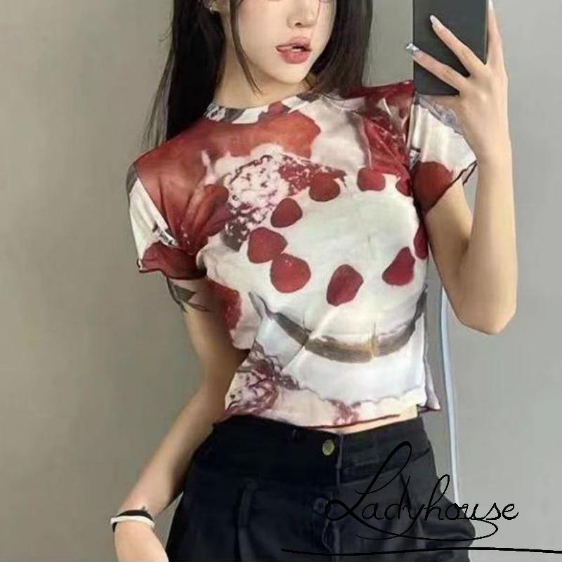 Áo Croptop Lưới Tay Ngắn In Hình Bánh Dâu Tây Thời Trang Mùa Hè Cho Nữ