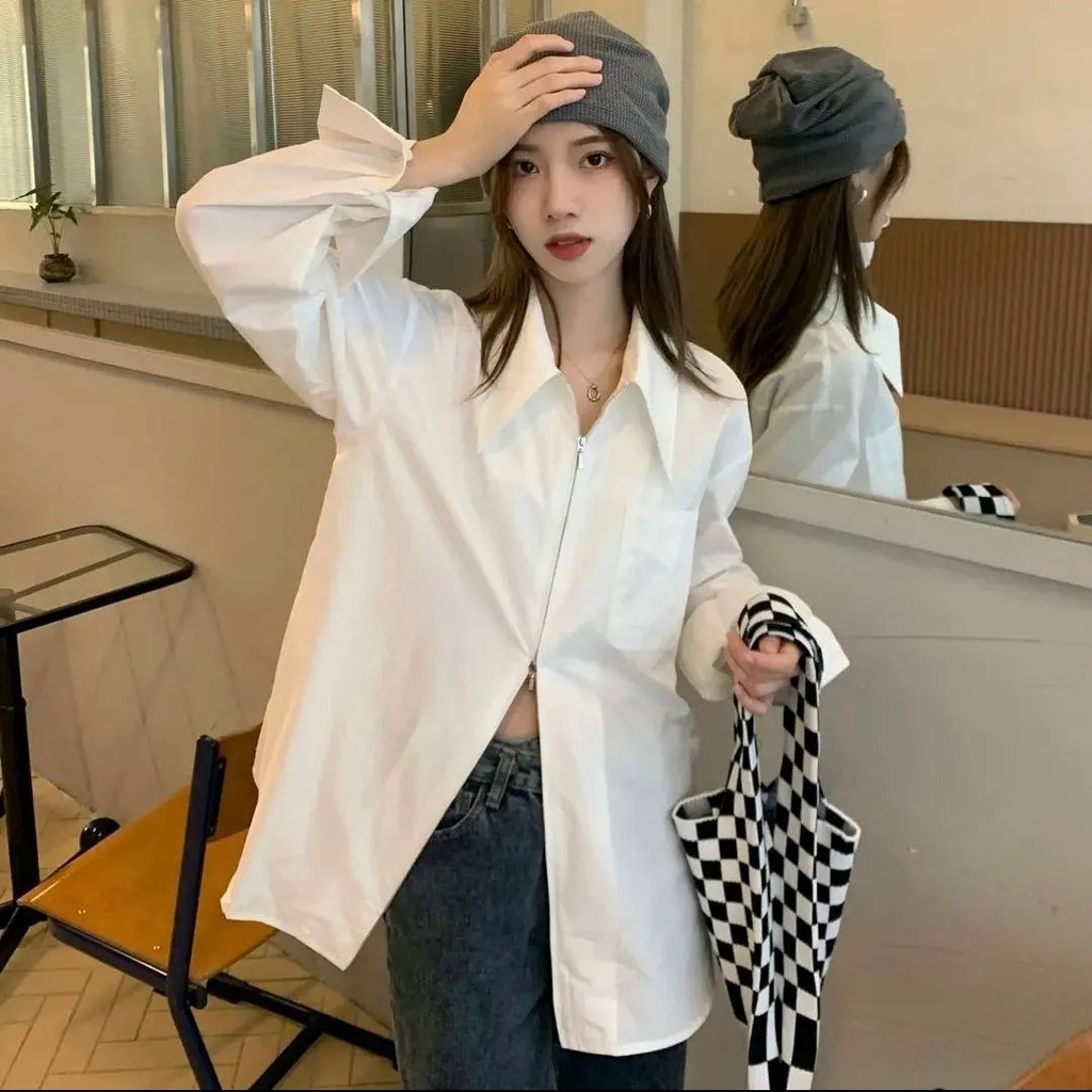 Áo Sơ Mi Trắng Milyfashion Áo Sơ Mi Trắng Tay Dài Có Khóa Kéo Đôi Phong Cách Mới Cao Cấp ins Niche