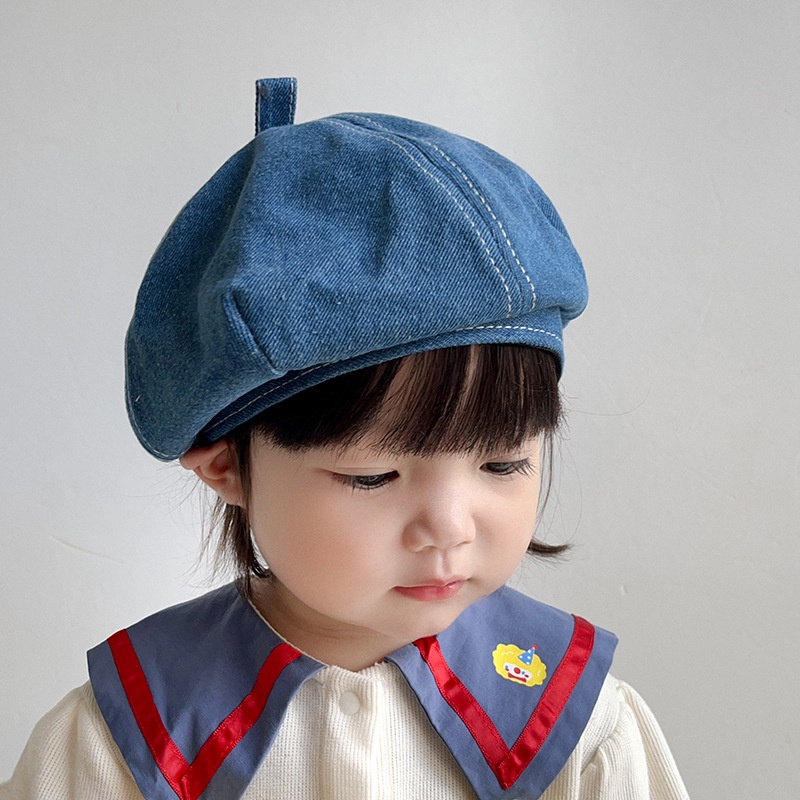 Mũ Beret Denim Màu Sắc Đơn Giản Phong Cách Hip hop Hàn Quốc Cho Bé