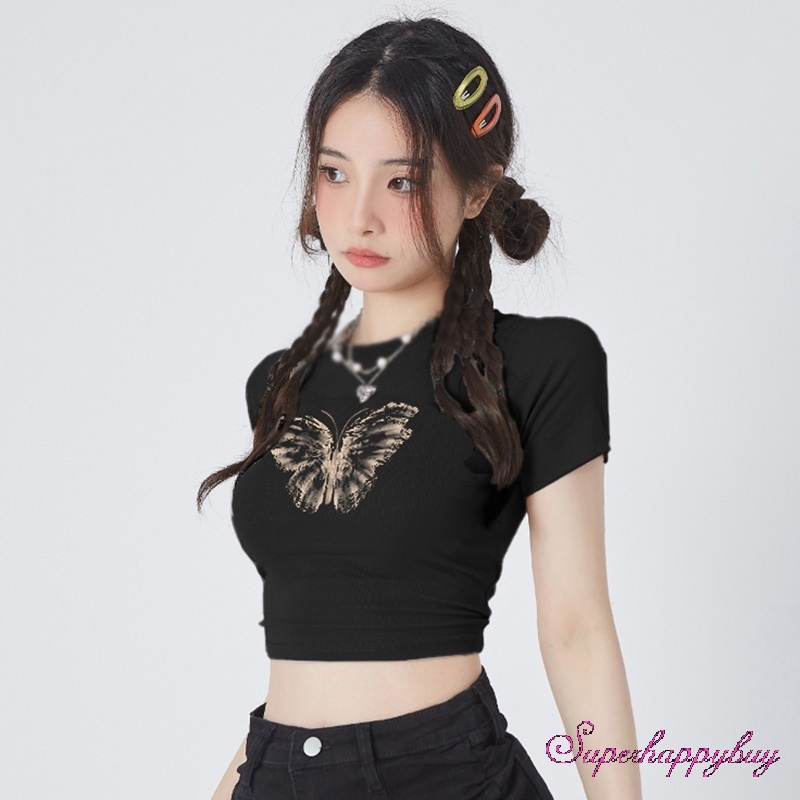 Áo Thun Ngắn Tay Cổ Tròn In Họa Tiết Bướm Và Chữ Thời Trang Mùa Hè Cho Nữ