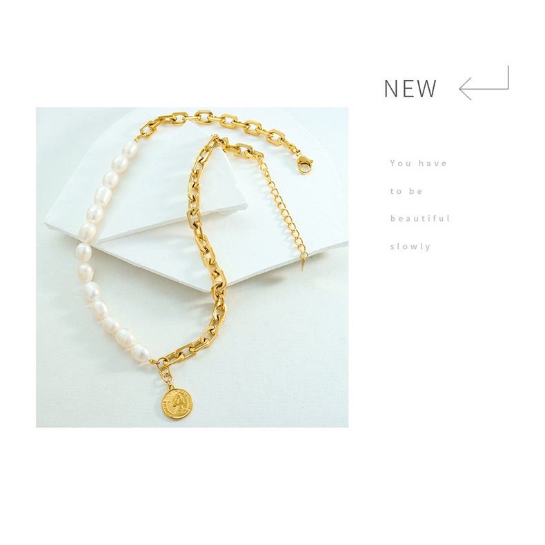 Vòng cổ Thép Titan Dày Không Màu Đính Ngọc Trai Phong Cách Hip hop Âu Mỹ