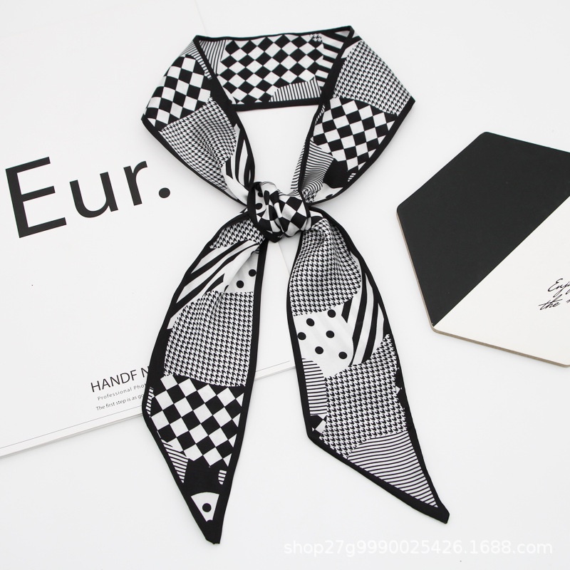 Khăn Quàng Cổ Dài Thắt Nơ Ruy Băng Đen Trắng Bằng Lụa