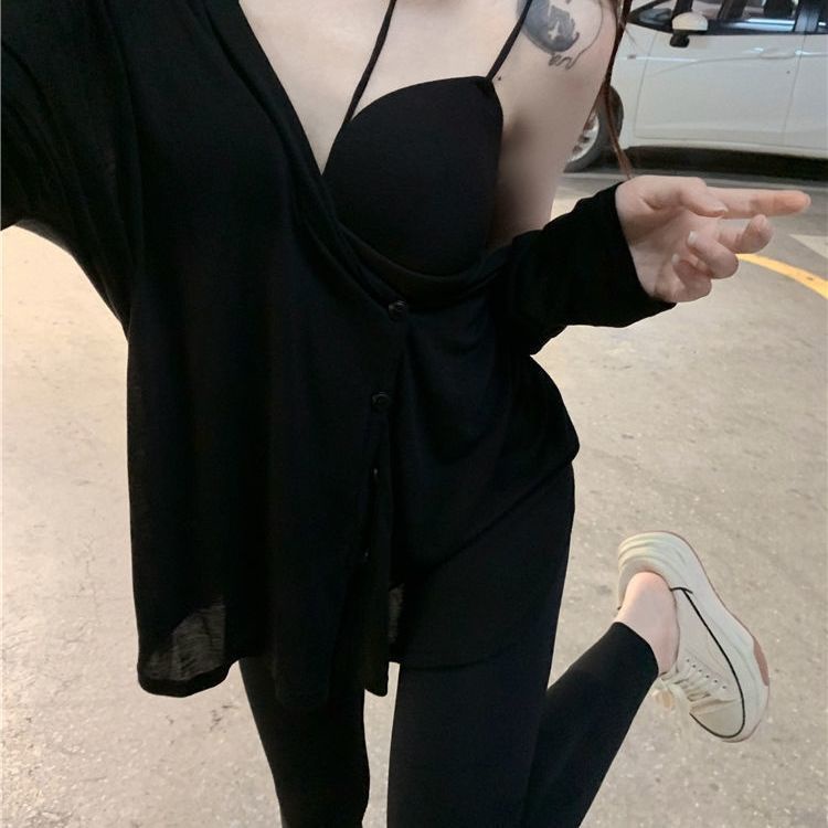 Áo Thun Cardigan Mỏng Tay Dài Chống Nắng Dáng Rộng Màu Đen Thời Trang Mùa Hè Quyến Rũ Cho Nữ 0CPS