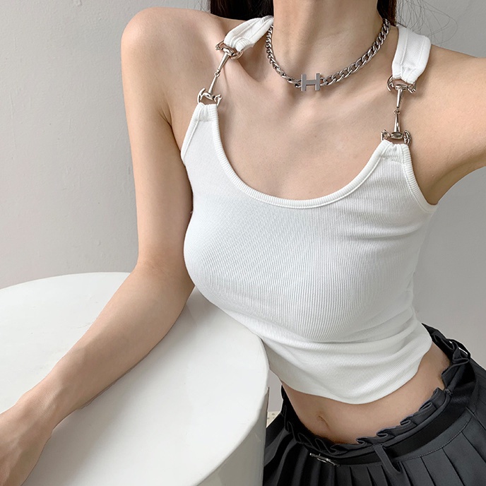 Milyfashion Áo Croptop Sát Nách Ôm Sát Hở Rốn Màu Trơn Có Móc Kim Loại Kiểu Desire Thời Trang Mùa Hè Cho Nữ