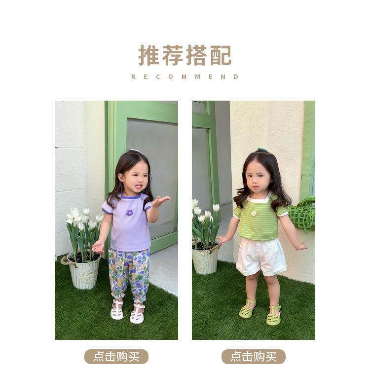 80-130cm Áo thun ngắn tay cổ vuông bằng lụa băng cho trẻ em Mùa hè Phong cách mới cho bé gái Thời trang dễ thương Phù hợp với bé Phiên bản Hàn Quốc