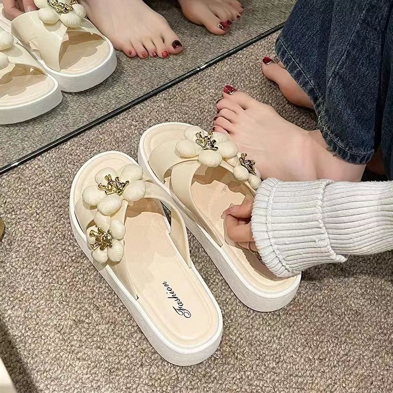 Dép Sandal Đế Dày Quai Ngang Họa Tiết Hoa Phong Cách Hàn Quốc Thời Trang Mùa Hè Cho Nữ