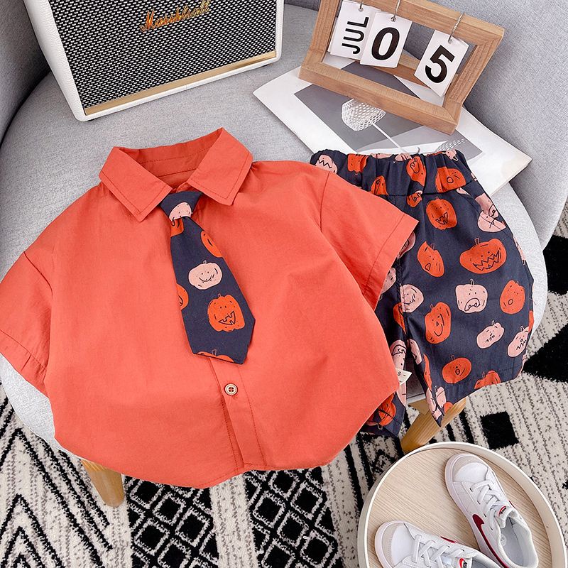 Set Áo Sơ Mi Màu Sắc Trơn Và Quần Short Phong Cách Hàn Quốc Cho Bé Trai