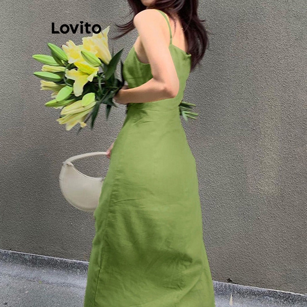 Đầm Lovito cắt xẻ màu trơn thường ngày cho nữ LNE16138 (màu xanh lá)