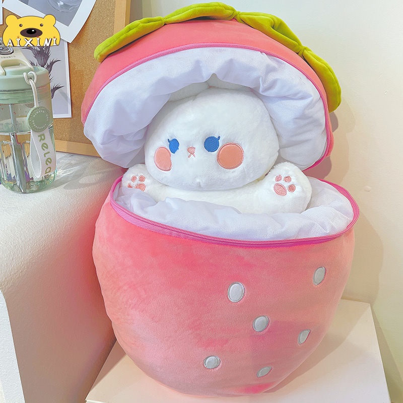 🔥Có Sẵn🔥2 Trong 1Thỏ dâu Gấu Bông con thỏ Cosplay 2 Màu - Bunny Bông Cao Cấp Gấu Bông Thú Nhồi Bông Hình Thỏ dâu Và Cà Rốt Sáng Tạo Cho Bé