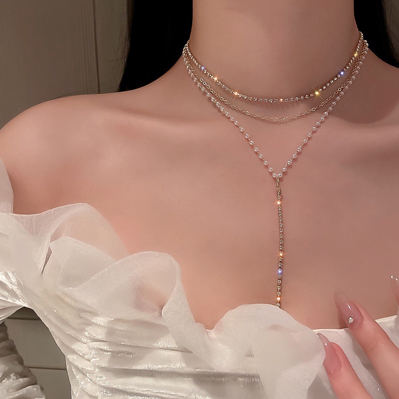 Vòng cổ Dây Chuyền Dáng Chữ Y Nhiều Lớp Đính Hạt Ngọc Trai Sang Trọng vòng cổ nữ YR