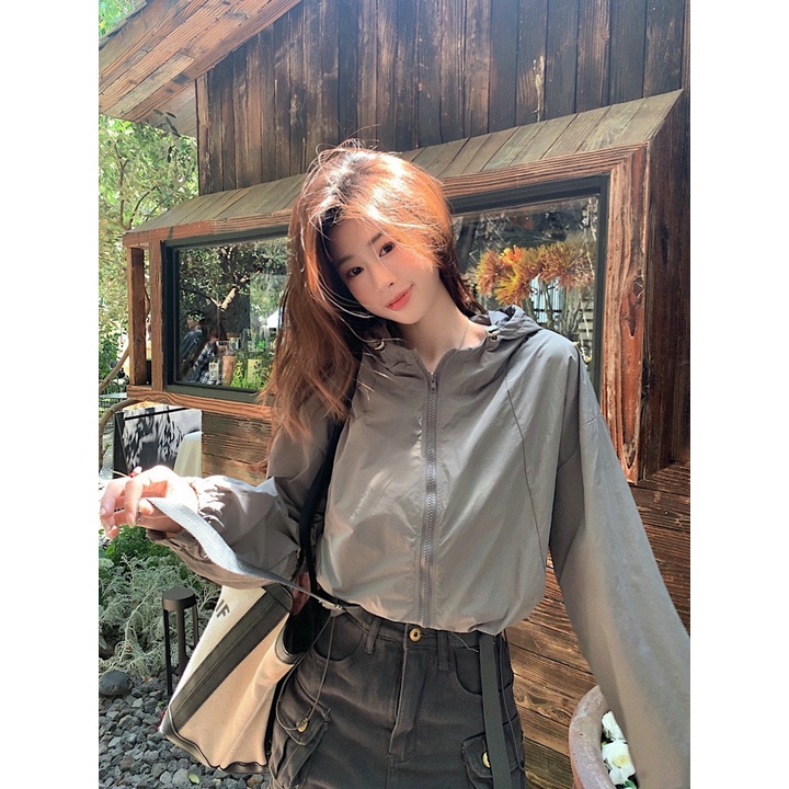 SUXI Áo Khoác Chống Nắng Thể Thao Tay Dài Dáng Rộng Có Mũ Trùm Phối Dây Rút Thời Trang Mùa Hè