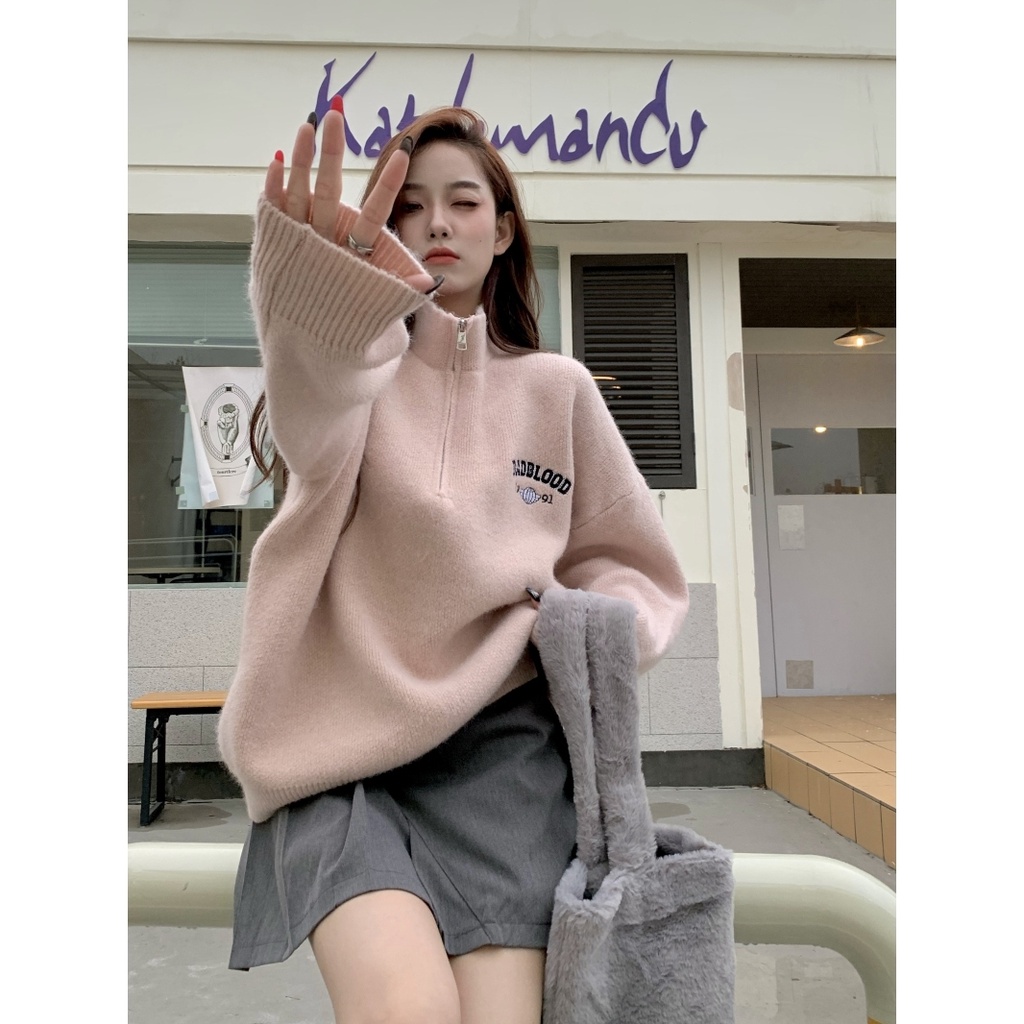 Áo Sweater Dáng Rộng Dày Dặn Phối Khóa Kéo Phong Cách Retro Mỹ Cho Nữ