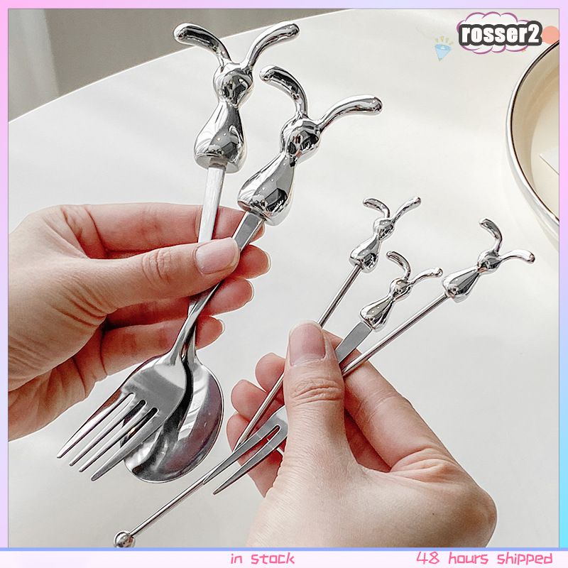 Sáng Tạo Giá Trị Cao Gương Hoạt Hình Gấu Thỏ Bộ Muỗng Nĩa Bằng Thép Không Gỉ Bộ Đồ Ăn -Rosser2