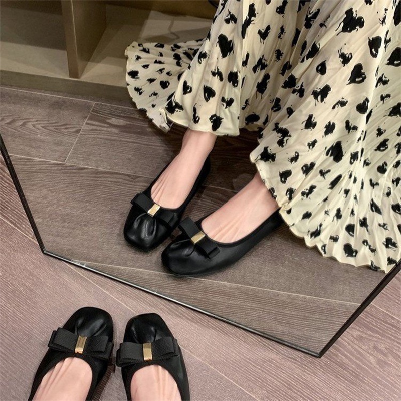 Prowow❤Giày Búp Bê Da Thật Đế Mềm Mũi Vuông Đính Nơ Thời Trang Cho Nữ