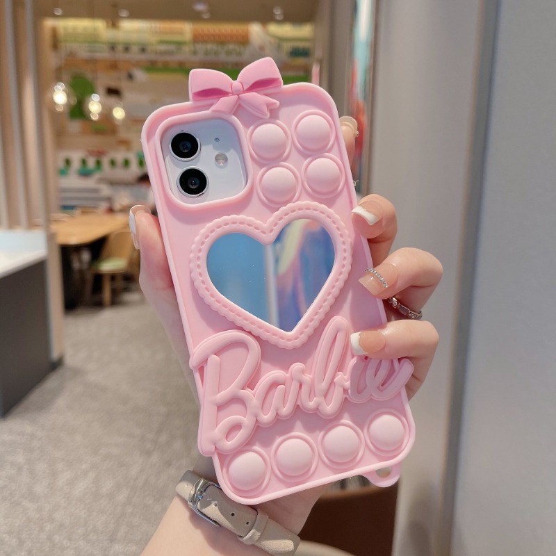 Ốp Điện Thoại Silicon Chống Rơi Hình Búp Bê Barbie Có Gương Trái Tim Cho iPhone 14 / 13 / 12 Promax XS XR