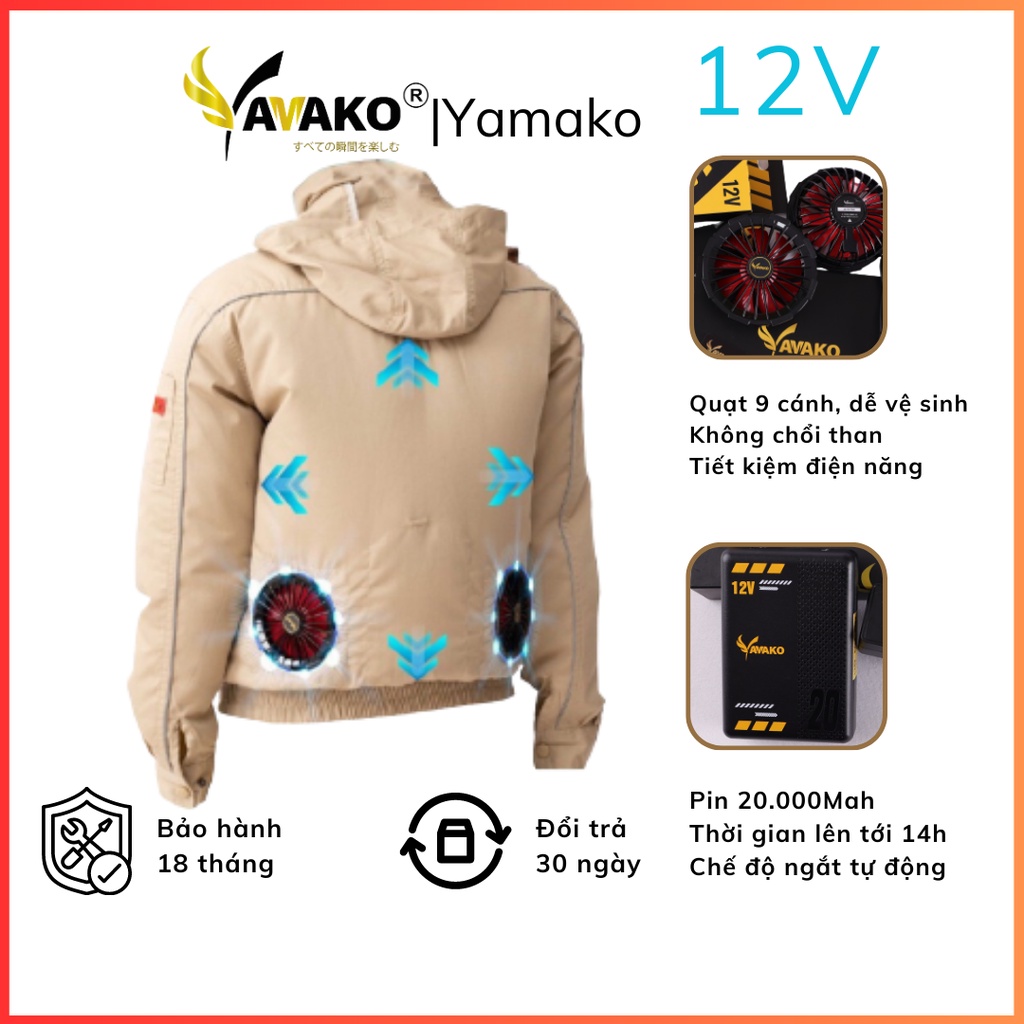 Áo khoác quạt điều hoà Nhật Bản Yamako, quạt điều hoà 9 cánh màu be vàng