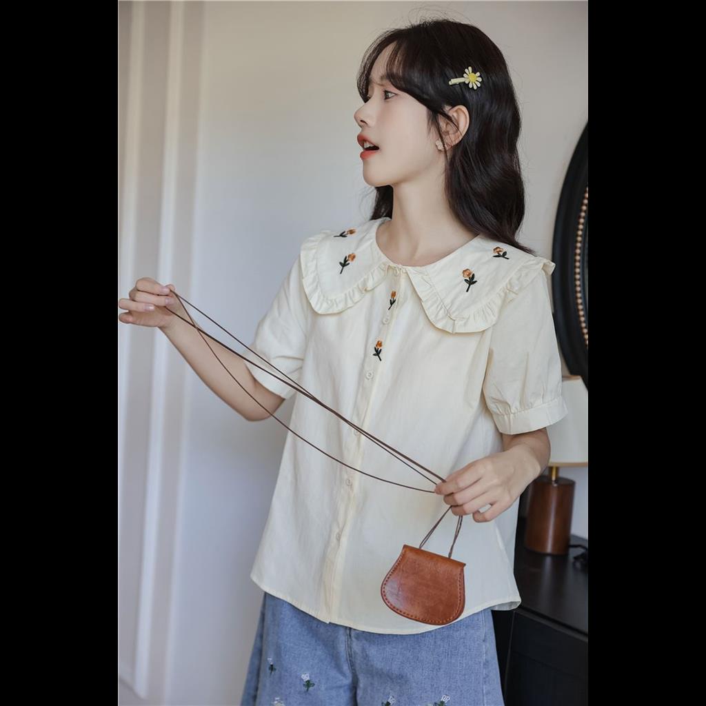 Búp bê cổ bong bóng tay áo thêu cho phụ nữ Pháp Vintage College Wind Top