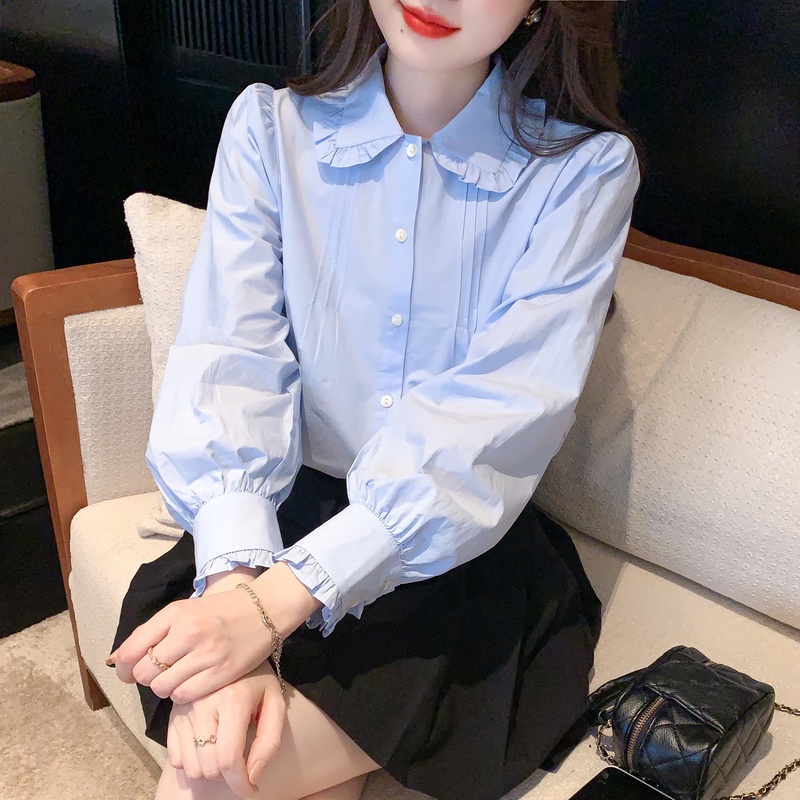Áo sơ mi MULTIPLICATION tay dài xếp nếp màu xanh dương kiểu Pháp thời trang mùa thu 2023 cho nữ