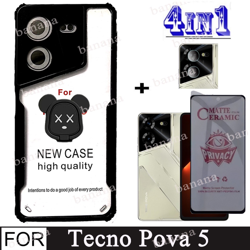 Kính cường lực gốm chống riêng tư 4 trong 1 Tecno Pova 5 cho Tecno Pova 4 Pro 3 Neo 2 Camon 18 18P Khóa khung và Vỏ điện thoại Acrylic trong suốt TPU mềm chống rơi
