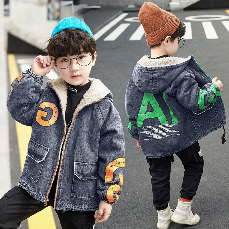 Áo Khoác denim Lót Nhung Lông Cừu Dày Dặn Thời Trang Mùa Đông Cho Bé Trai