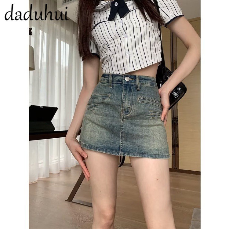 Daduhui New American Ins High Street Retro Denim Skirt Niche High Waist A- line Skirt Large Size Bag Hip Skirt