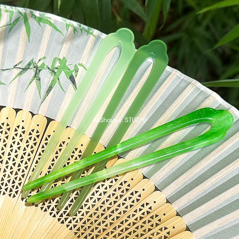 Trâm Cài Tóc Bằng Acrylic Hình Chữ U Màu Xanh Lá Phong Cách Trung Hoa Cổ Điển KF657