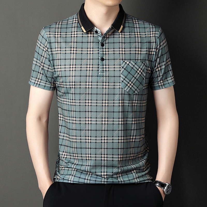 Áo Thun POLO Tay Ngắn Vải Lụa Mỏng Cỡ Lớn In Họa Tiết Kẻ Sọc Thời Trang Cho Nam Trung Niên