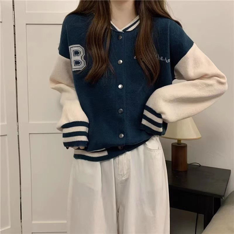 Áo khoác bóng chày hàn quốc của phụ nữ màu tương phản khâu chữ áo khoác bóng chày