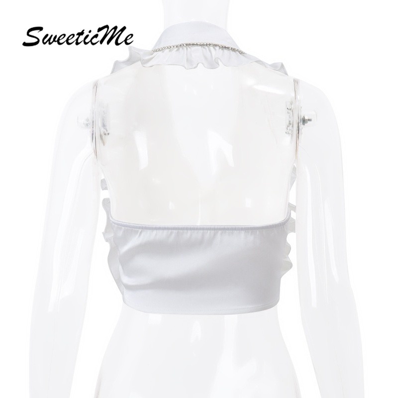 Sweeticme women's 2023 thời trang mới chuỗi màu rắn cổ v gợi cảm rỗng ra eo thấp bộ váy ngắn lưới
