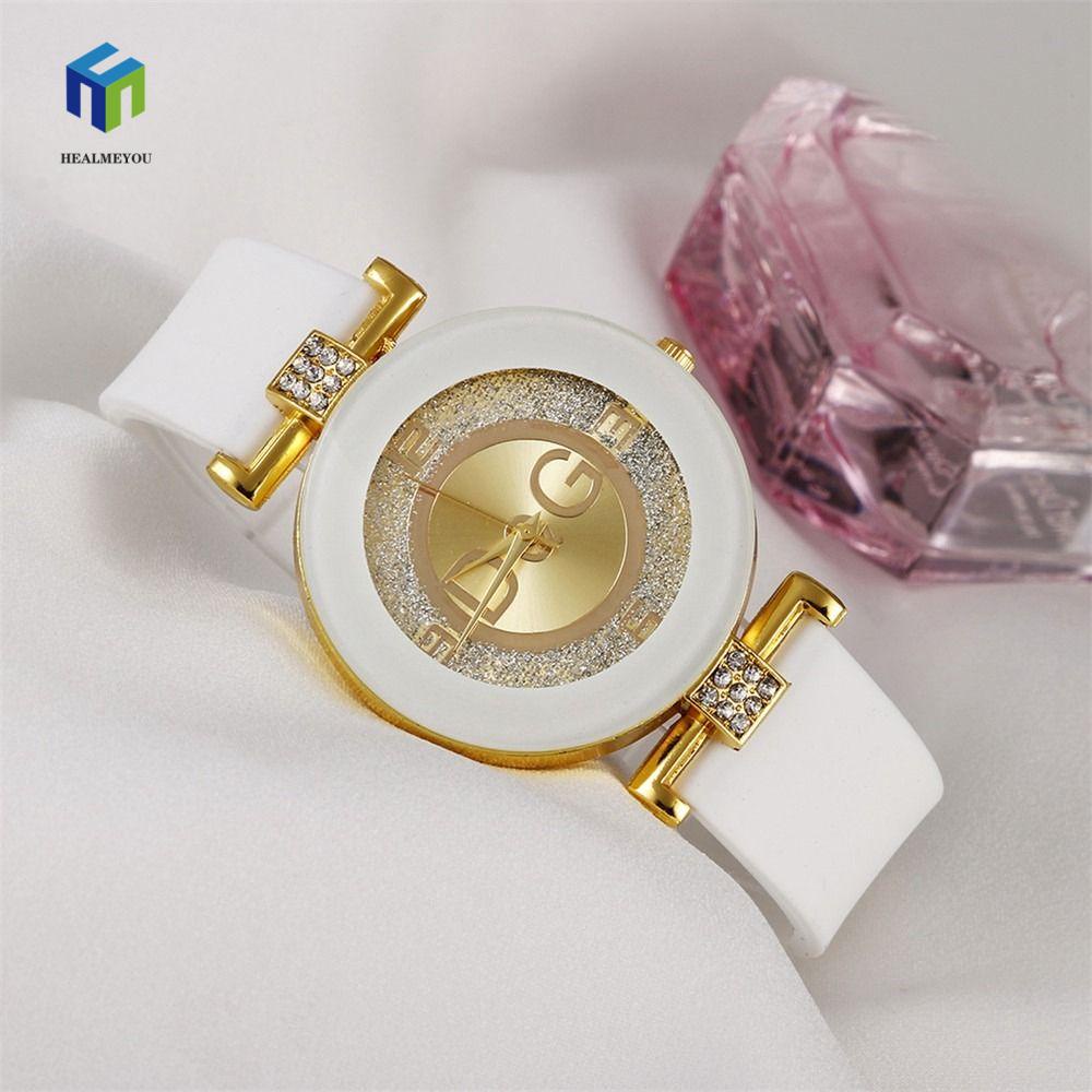 Đồng hồ mặt số tròn healmeyou khí chất cổ điển thiết kế tối giản bạc rhinestone đồng hồ thạch anh cặp đôi đồng hồ dây đeo silicone