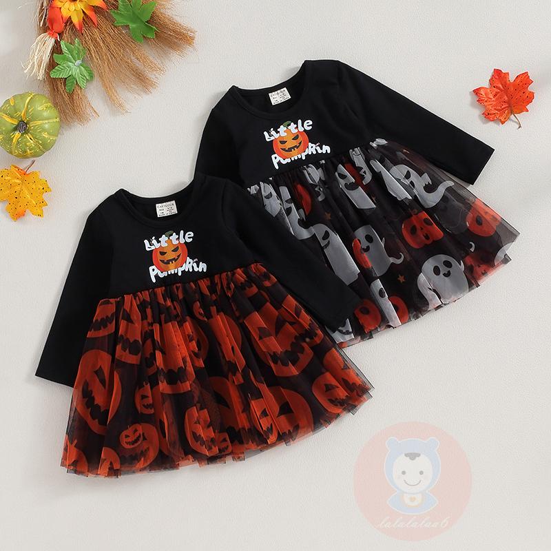 Đầm Xòe Chữ a Tay Dài Cổ Tròn Họa Tiết halloween laa6 Cho Bé Gái