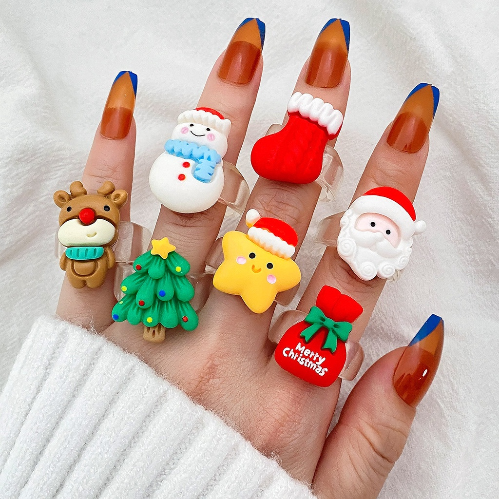 Hàn quốc instagram giáng sinh cá tính nhẫn hoạt hình dễ thương ông già noel elk snowman resin ring 100 với trang trí nữ bạn gái món quà giáng sinh