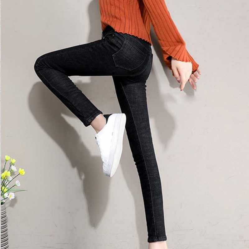 Women's high-waisted fleece jeans blue / black stretch quần cắt