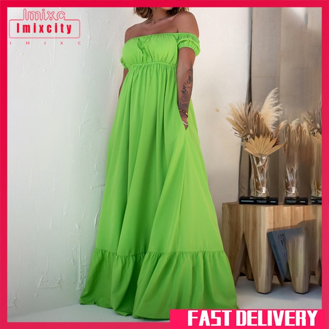 Imixcity 95% polyester + 5% spandex đầm đi biển dành cho bà bầu mùa hè một vai ống trên cùng váy xích đu dài