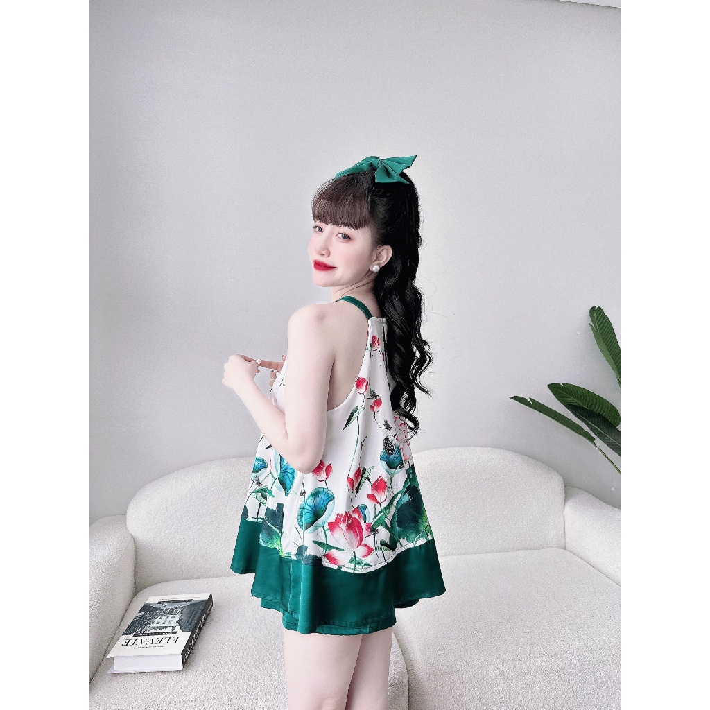 Yếm ngủ sexy Olici đồ bộ lụa mặc nhà quần đùi gợi cảm chất liệu cao cấp