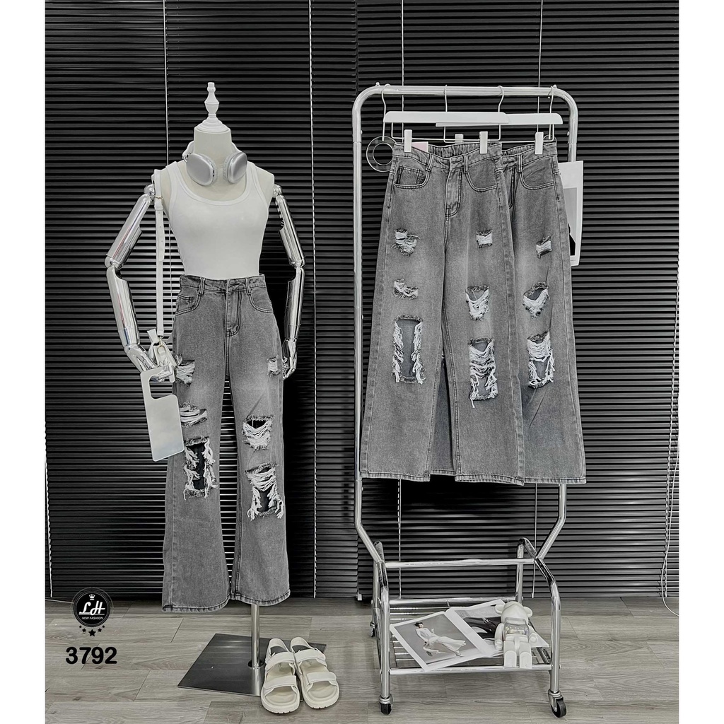 Quần jean nữ ống rộng màu xám rách te tua phá cách Lê Huy Fashion MS 3792