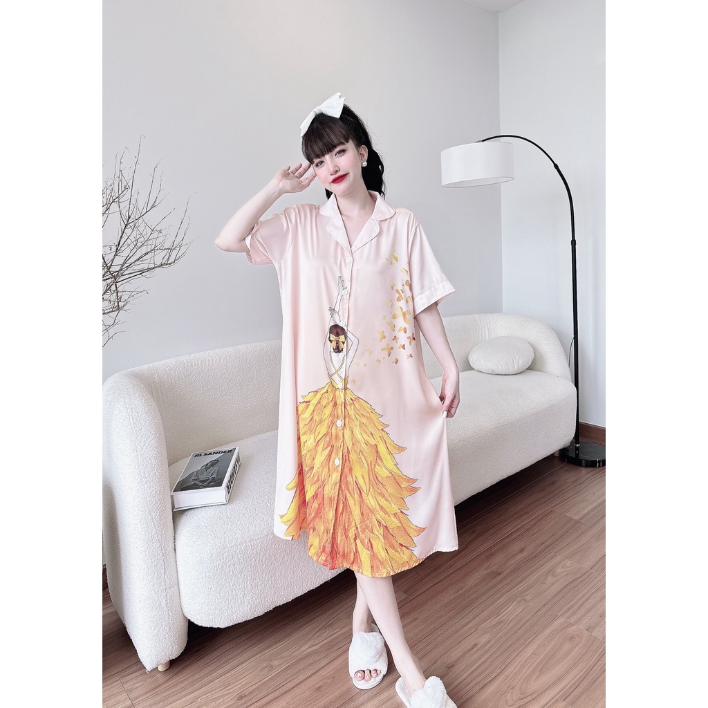 Đầm ngủ sơ mi lụa Olici váy mặc nhà bigsize suông rộng dáng dài in họa tiết 3D cao cấp | BigBuy360 - bigbuy360.vn