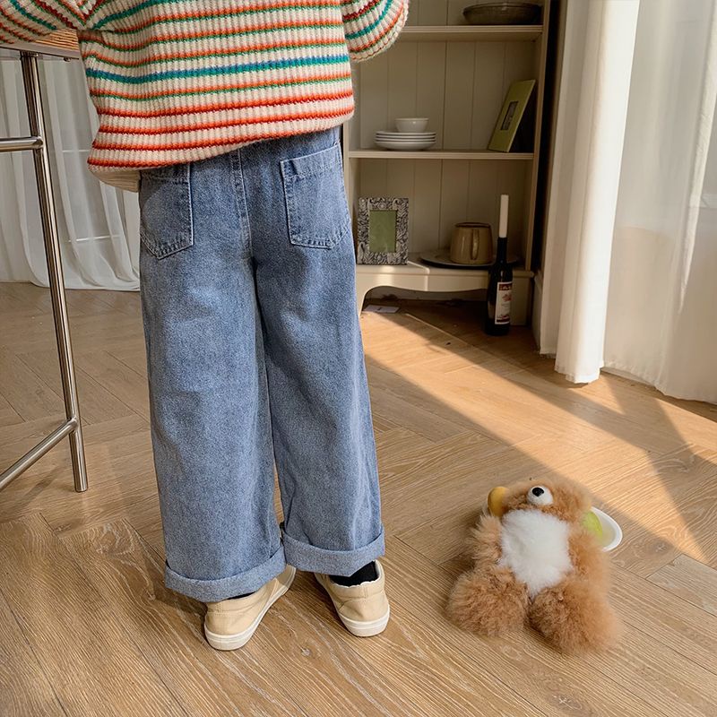 Quần jeans dài BEIBEIYIN vải denim ống rộng họa tiết hoạt hình dễ thương phong cách Hàn Quốc thời trang dành cho bé gái