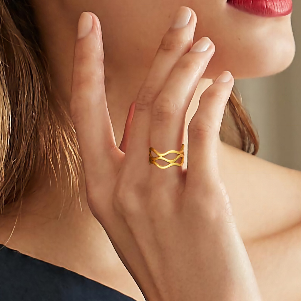 Vnox wave multi-layer ring cho nữ, vàng 18k 9.5mm trang sức nhẫn xếp chồng lên nhau bằng thép không gỉ