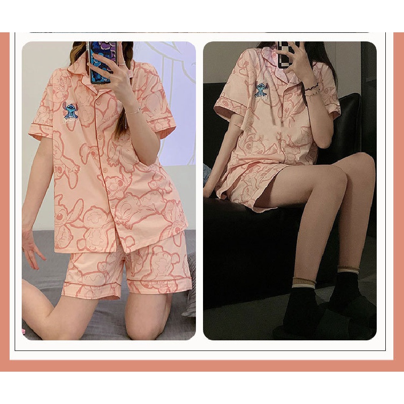 Bộ pijama đồ đôi Bộ đồ ngủ phi bóng dành cho cặp đôi Stitch cartoon couple pyjamas pure cotton short-sleeved high-end loungewear three-piece set
