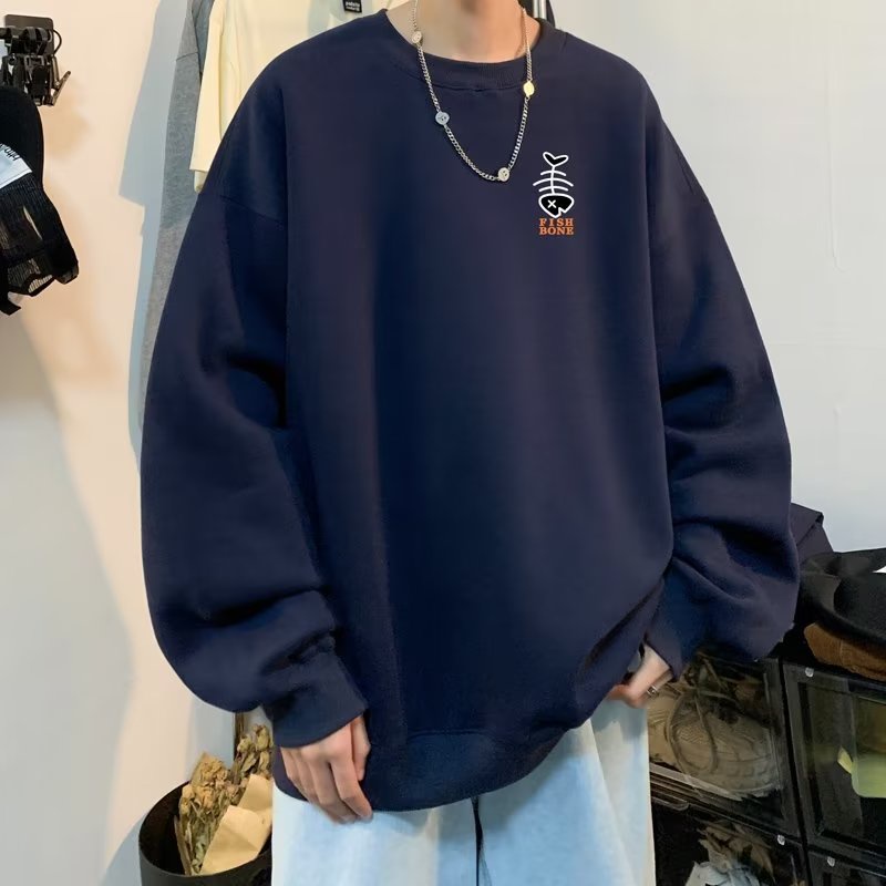 Áo sweater Nam Tay Dài Dáng Rộng Cổ Tròn In Hình Xương Cá Phong Cách Hàn Quốc Thời Trang Mùa Thu