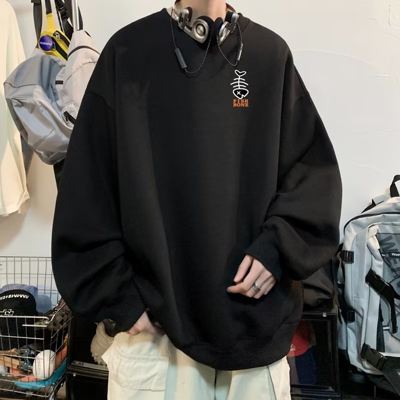 Áo sweater Nam Tay Dài Dáng Rộng Cổ Tròn In Hình Xương Cá Phong Cách Hàn Quốc Thời Trang Mùa Thu