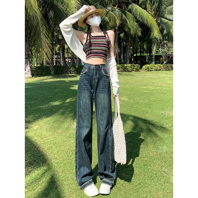 Quần jean dài COZOK ống rộng lưng cao thời trang cá tính trẻ trung