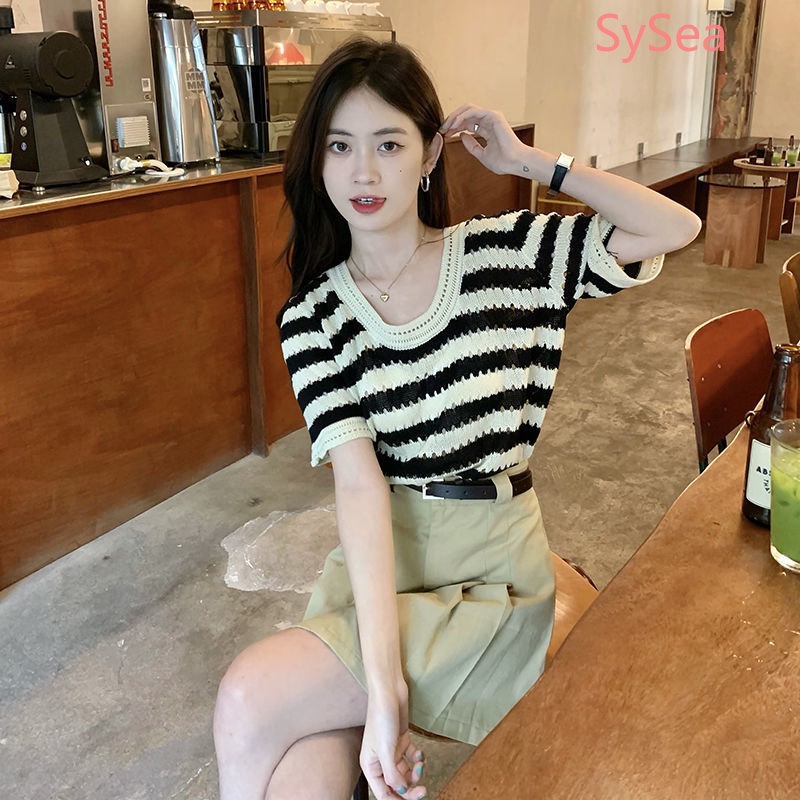 Áo Dệt Kim Dáng Rộng Kẻ Sọc Kiểu Retro Thời Trang Mùa Hè Cho Nữ