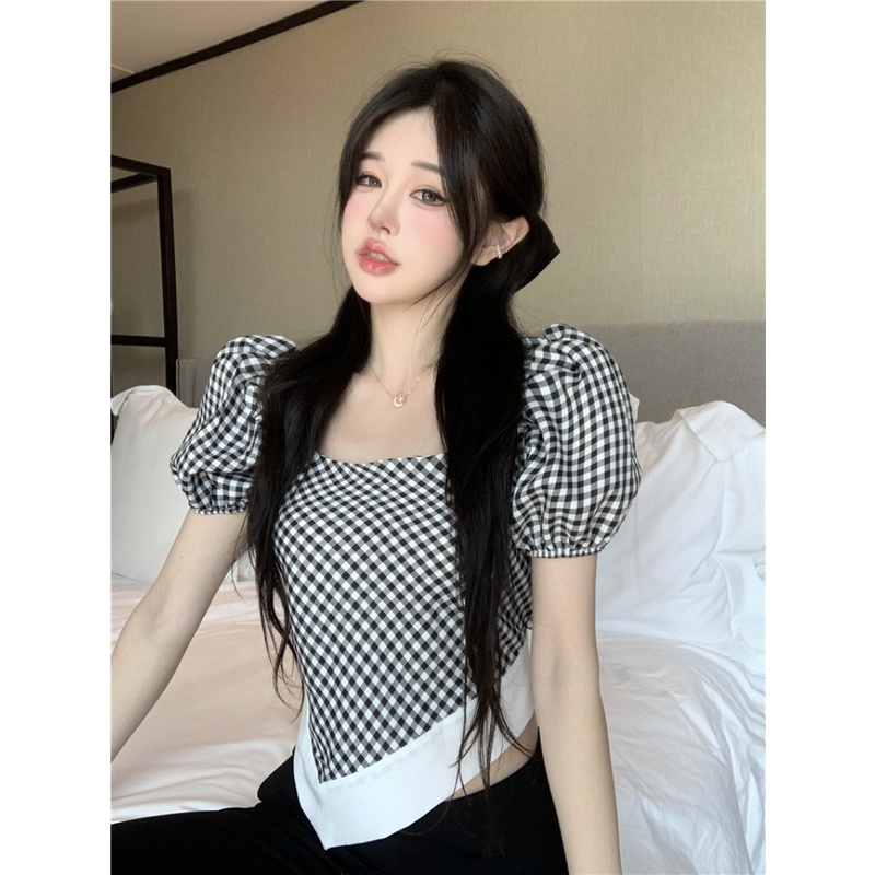 Áo Thun Nữ Tay Ngắn Cổ Vuông Họa Tiết Caro Thời Trang