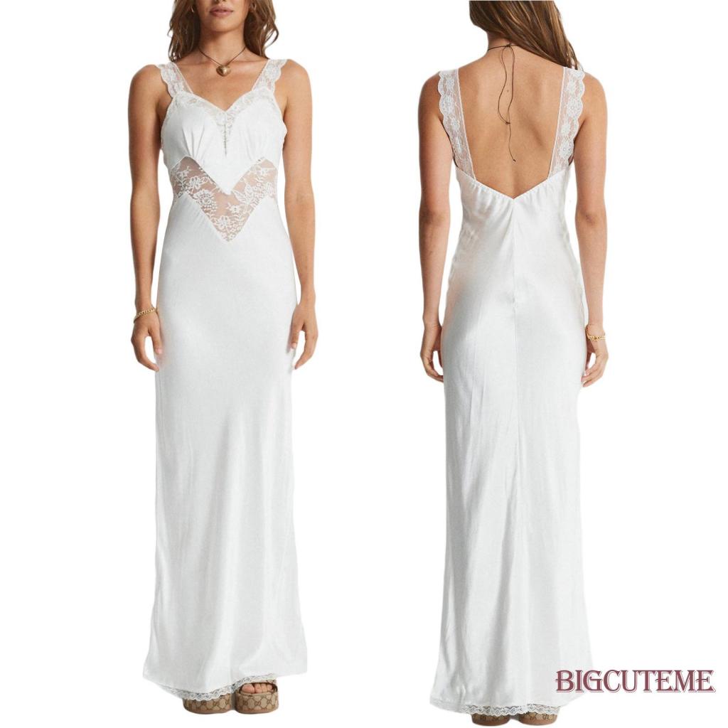 [] - Đầm Dài Satin Không Tay Cổ Chữ V Hở Lưng Phối Ren Ôm Dáng Đi Tiệc Màu Trắng / Đen Cho Nữ