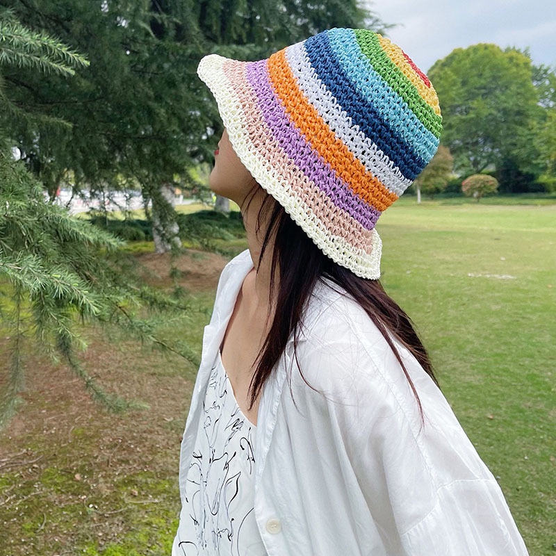 Nón Tai Bèo Đan Cói Chống Nắng Mùa Hè Thoáng Khí Họa Tiết Sọc Cầu Vồng Nhiều Màu Sắc Cho Nữ